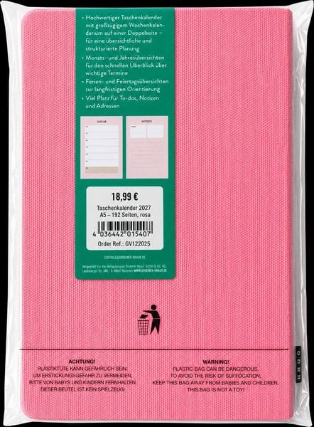 Produktbild: Taschenkalender A5 2027: Bl&uuml;tenmotiv, bestickt, rosa