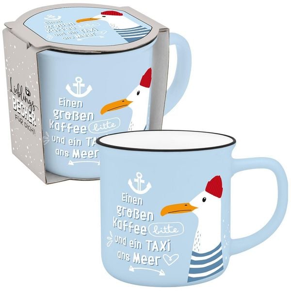 Produktbild: Becher in Emmailoptik "Einen gro&szlig;en Kaffee bitte und ein Taxi zum Meer"