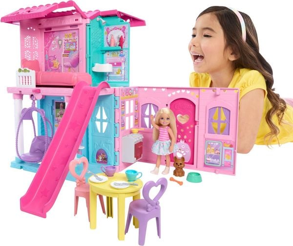 Produktbild: Barbie Chelsea Pop-up-Puppenhaus mit Puppe und über 15 Accessoires, Haus erweitert sich auf über 42 x 33 cm