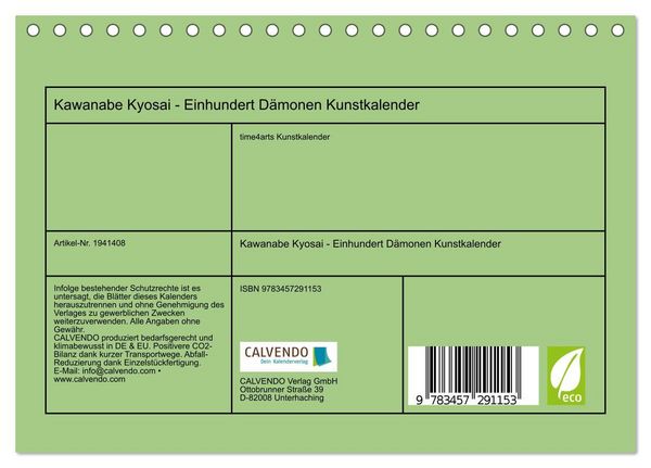 Produktbild: Kawanabe Kyosai - Einhundert D&auml;monen Kunstkalender (Tischkalender 2026 DIN A5 quer), CALVENDO Monatskalender