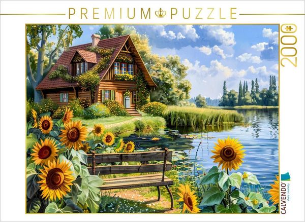 Produktbild: CALVENDO Puzzle Cottage Haus am Wasser mit Sonnenblumenfeld davor | 2000 Teile Lege-Gr&ouml;&szlig;e 90x67cm Foto-Puzzle f&uuml;r gl&uuml;ckliche Stunden