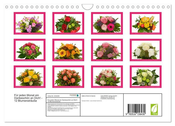 Produktbild: F&uuml;r jeden Monat ein Dankesch&ouml;n an Dich! - 12 Blumenstr&auml;u&szlig;e (Wandkalender 2026 DIN A4 quer), CALVENDO Monatskalender