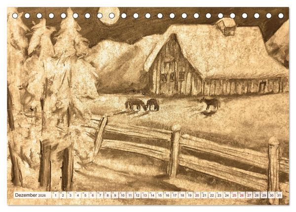 Produktbild: Pausen f&uuml;r deine Seele - Seelenlandschaften in Sepia - Ein Jahr der Ruhe mit Kohlezeichnungen (Tischkalender 2026 DIN A5 quer), CALVENDO Monatskalender