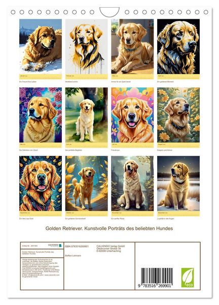 Produktbild: Golden Retriever. Kunstvolle Portr&auml;ts des beliebten Hundes (Wandkalender 2026 DIN A4 hoch), CALVENDO Monatskalender