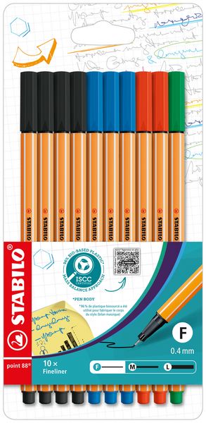 STABILO Fineliner - point 88 - 10er Pack Office - 4 x schwarz, 3 x blau, 2 x rot, 1 x grün