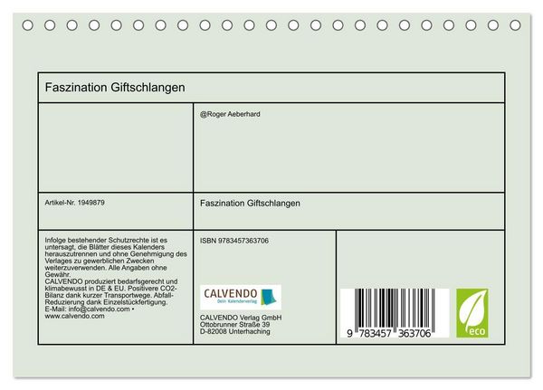 Produktbild: Faszination Giftschlangen (Tischkalender 2026 DIN A5 quer), CALVENDO Monatskalender