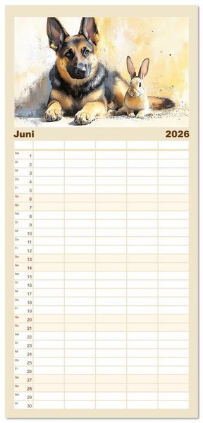 Produktbild: Familienplaner 2026 - Deutsche Sch&auml;ferhunde. Majest&auml;tische W&auml;chter im Aquarell-Stil mit 5 Spalten (Wandkalender, 21 x 45 cm) CALVENDO