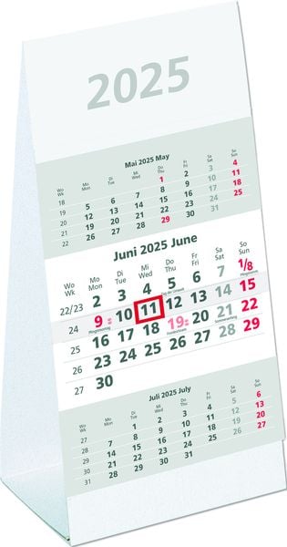 3-Monats-Aufstellkalender 2025 - 10,5x14,5 cm - 3 Monate auf 1 Seite - mit Kopftafel und Datumsschieber - Mehrmonatskale