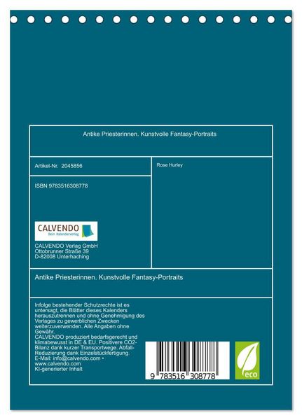 Produktbild: Antike Priesterinnen. Kunstvolle Fantasy-Portraits (Tischkalender 2026 DIN A5 hoch), CALVENDO Monatskalender