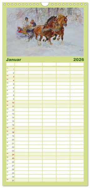 Produktbild: Familienplaner 2026 - Mit Pferden durch die Jahreszeiten - Pferdebilder in &Ouml;l und Aquarell mit 5 Spalten (Wandkalender, 21 x 45 cm) CALVENDO