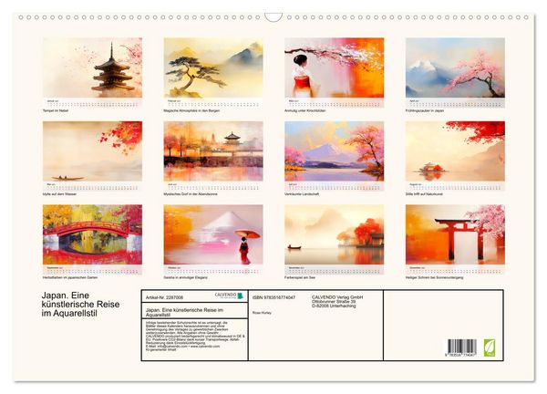 Produktbild: Japan. Eine k&uuml;nstlerische Reise im Aquarellstil (Wandkalender 2027 DIN A2 quer), CALVENDO Monatskalender