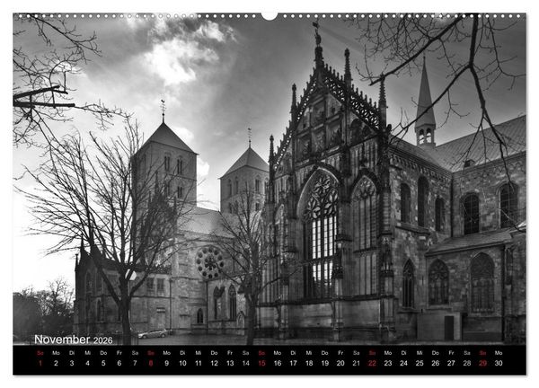 Produktbild: M&uuml;nster in schwarz-wei&szlig; gesehen (Wandkalender 2026 DIN A2 quer), CALVENDO Monatskalender