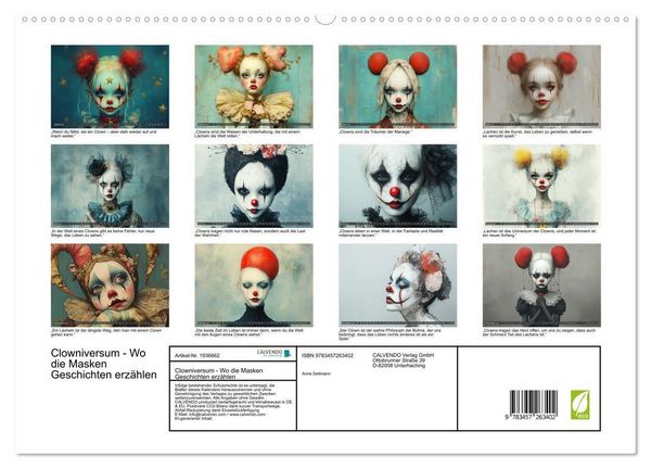 Produktbild: Clowniversum - Wo die Masken Geschichten erz&auml;hlen (hochwertiger Premium Wandkalender 2026 DIN A2 quer), Kunstdruck in Hochglanz