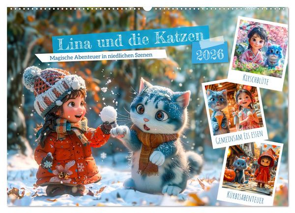 Lina und die Katzen - Magische Abenteuer in niedlichen Szenen (Wandkalender 2026 DIN A2 quer), CALVENDO Monatskalender