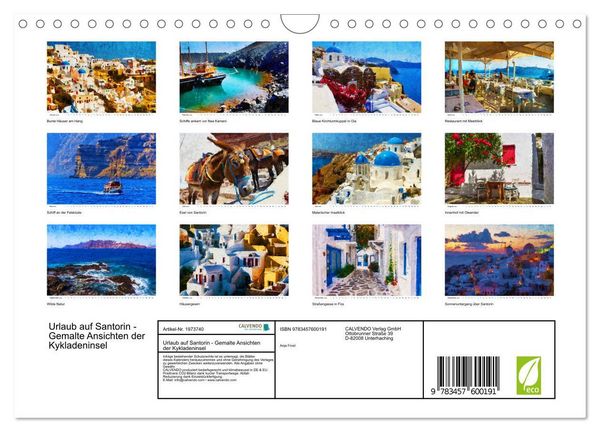Produktbild: Urlaub auf Santorin - Gemalte Ansichten der Kykladeninsel (Wandkalender 2026 DIN A4 quer), CALVENDO Monatskalender