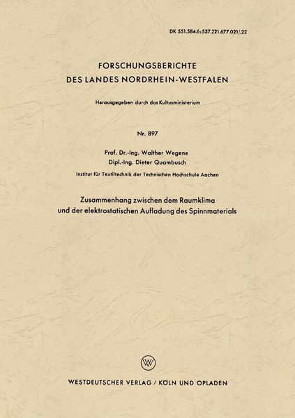 Produktbild: Zusammenhang zwischen dem Raumklima und der elektrostatischen Aufladung des Spinnmaterials