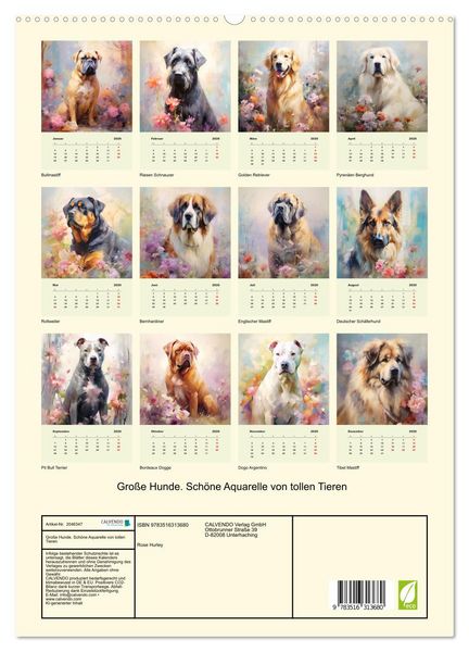 Produktbild: Gro&szlig;e Hunde. Sch&ouml;ne Aquarelle von tollen Tieren (hochwertiger Premium Wandkalender 2026 DIN A2 hoch), Kunstdruck in Hochglanz