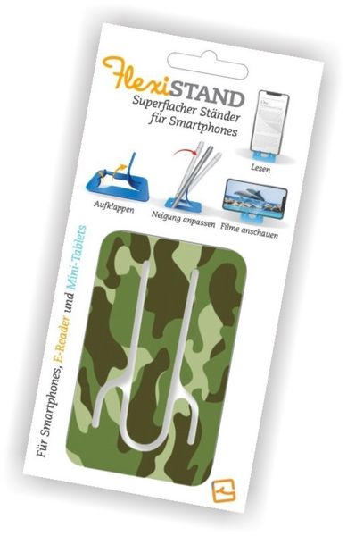 Produktbild: Flexistand (Camouflage) - flexibler Handyaufsteller - f&uuml;r alle Handys und Mini-Tablets - superflach - stufenlos verstellbar - hochkant und quer - passt in jede Hosentasche