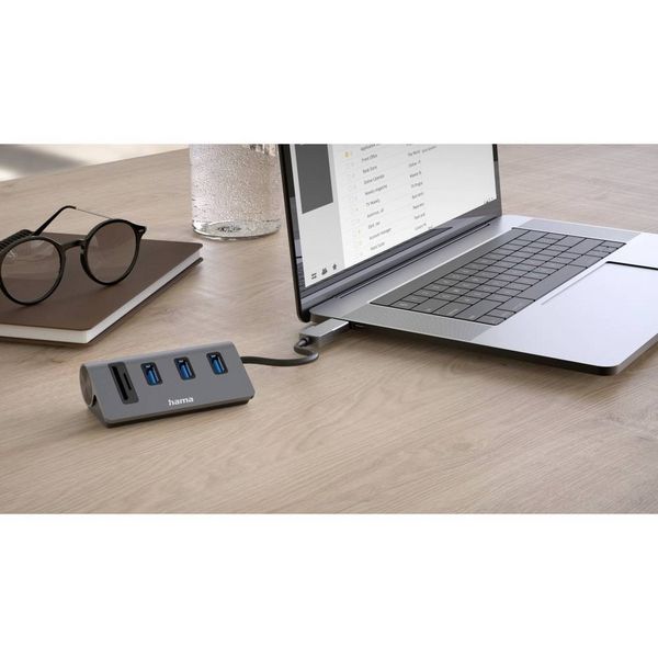 Produktbild: Hama 00200140 USB-Hub 5 Port USB-A, microSD, SD USB 3.2 Gen1 5 GBit/s mit eingebautem SD-Kartenleser, mit USB-C&reg; Stecker Grau