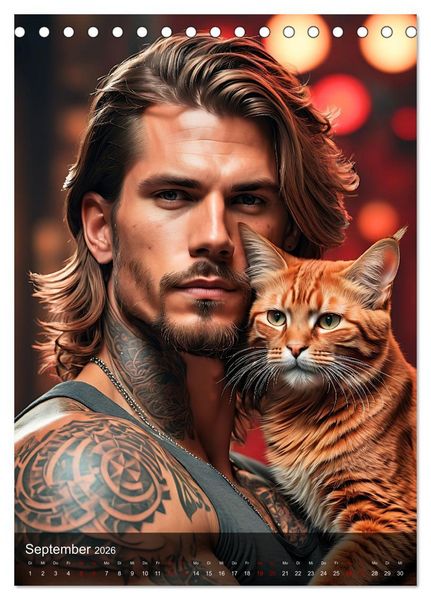 Produktbild: Verschmuste Kerle - Muskeln, Tattoos und Miezekatzen (Tischkalender 2026 DIN A5 hoch), CALVENDO Monatskalender