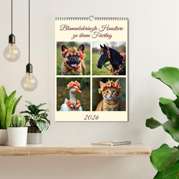 Produktbild: Blumenbekr&auml;nzte Haustiere zu ihrem Feiertag (Wandkalender 2026 DIN A3 hoch), CALVENDO Monatskalender