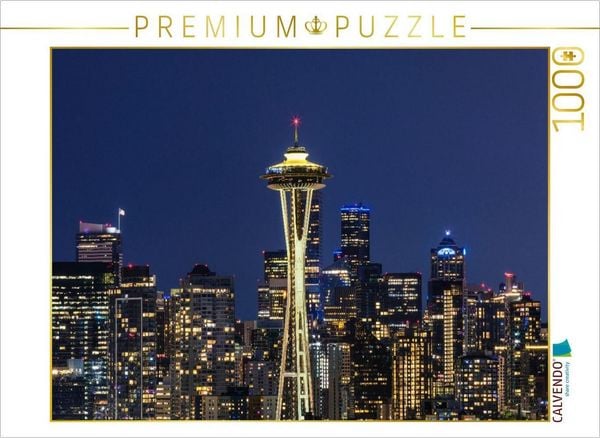 CALVENDO Puzzle Atemberaubende Panorama Skyline von Seattle zur blauen Stunde | 1000 Teile Lege-Größe 64x48cm Foto-Puzzle für glückliche Stunden