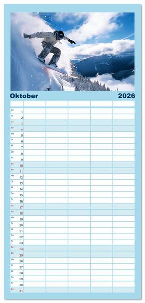 Produktbild: Familienplaner 2026 - Kufen, Ski & Snowboard mit 5 Spalten (Wandkalender, 21 x 45 cm) CALVENDO