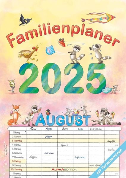 Familienplaner Cartoon 2025 - Familienkalender A3 (29,7x42 cm) - mit 6 Spalten, Ferienterminen (DE/AT/CH) und viel Platz