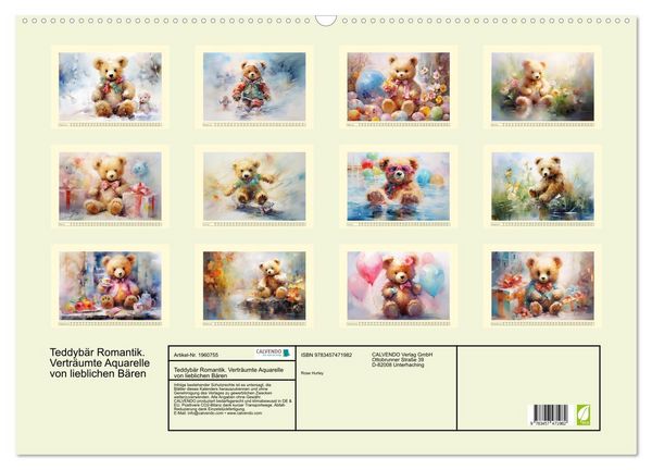 Produktbild: Teddyb&auml;r Romantik. Vertr&auml;umte Aquarelle von lieblichen B&auml;ren (Wandkalender 2026 DIN A2 quer), CALVENDO Monatskalender