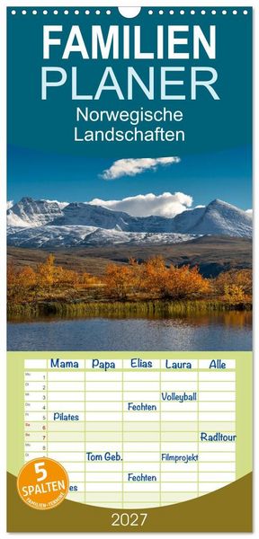 Produktbild: Familienplaner 2027 - Norwegische Landschaften mit 5 Spalten (Wandkalender, 21 x 45 cm) CALVENDO