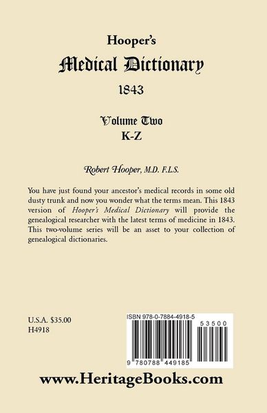Produktbild: Hooper's Medical Dictionary 1843. Volume 2, K-Z