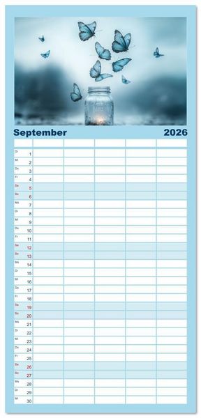Produktbild: Familienplaner 2026 - Blauer Zauberflug mit 5 Spalten (Wandkalender, 21 x 45 cm) CALVENDO
