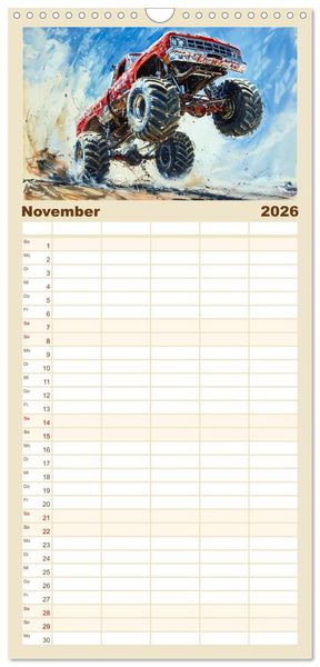 Produktbild: Familienplaner 2026 - Wilde Monstertrucks mit 5 Spalten (Wandkalender, 21 x 45 cm) CALVENDO