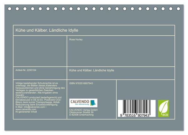 Produktbild: K&uuml;he und K&auml;lber. L&auml;ndliche Idylle (Tischkalender 2027 DIN A5 quer), CALVENDO Monatskalender