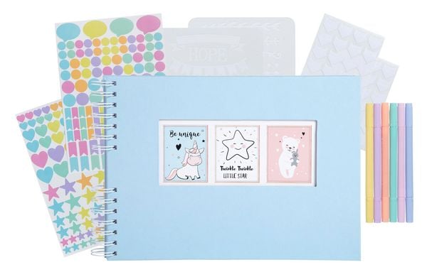 Produktbild: Scrapbooking-Set, Fotoalbum mit Spiralbindung, 50 Seiten wei&szlig;, 32x22 cm + Stifte, Sticker, Schablonen, Fotoecken