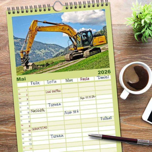 Produktbild: Familienplaner 2026 - Bagger - kraftvolle Arbeitsmaschinen mit 5 Spalten (Wandkalender, 21 x 45 cm) CALVENDO