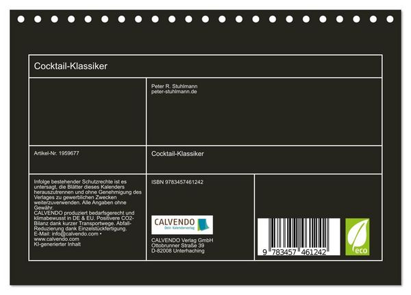 Produktbild: Cocktail-Klassiker (Tischkalender 2026 DIN A5 quer), CALVENDO Monatskalender