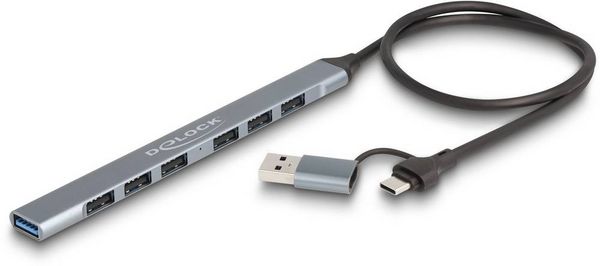 Produktbild: Delock 64273 USB-Hub 7 Port USB-A USB 3.2 Gen1 5 GBit/s mit USB-C&reg; Stecker Grau 64273