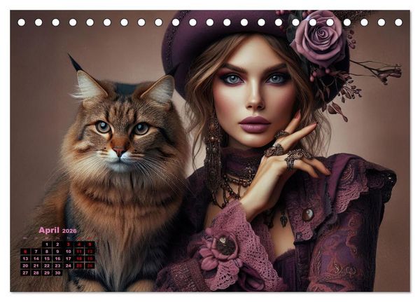 Produktbild: Luxuri&ouml;ser Bohemian Flair - Elegante Frauen mit anmutigen Katzen (Tischkalender 2026 DIN A5 quer), CALVENDO Monatskalender