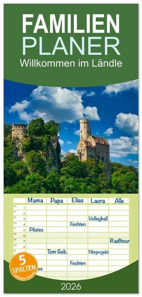 Produktbild: Familienplaner 2026 - Willkommen im L&auml;ndle mit 5 Spalten (Wandkalender, 21 x 45 cm) CALVENDO