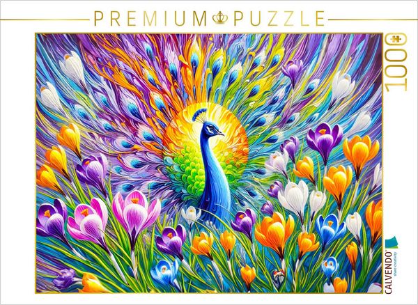 Produktbild: CALVENDO Puzzle Abstrakter Pfau mit Krokussen in farbenfroher &Ouml;lmalerei | 1000 Teile Lege-Gr&ouml;&szlig;e 64x48cm Foto-Puzzle f&uuml;r gl&uuml;ckliche Stunden
