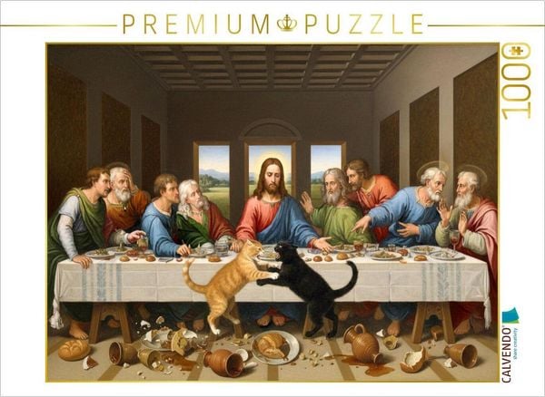 CALVENDO Puzzle Das verrückte Abendmahl mit Katzen - da Vinci | 1000 Teile Lege-Größe 64x48cm Foto-Puzzle für glückliche Stunden
