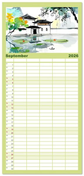 Produktbild: Familienplaner 2026 - Fernost Impressionen - Tempel und Landschaften in KI-Tuschekunst mit 5 Spalten (Wandkalender, 21 x 45 cm) CALVENDO