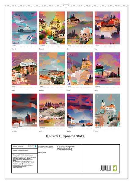 Produktbild: Illustrierte Europ&auml;ische St&auml;dte (Wandkalender 2026 DIN A2 hoch), CALVENDO Monatskalender
