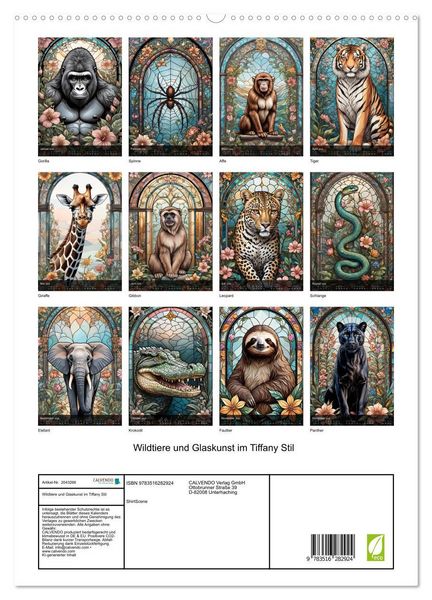Produktbild: Wildtiere und Glaskunst im Tiffany Stil (hochwertiger Premium Wandkalender 2026 DIN A2 hoch), Kunstdruck in Hochglanz
