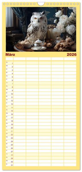 Produktbild: Familienplaner 2026 - Stillleben mit Eule mit 5 Spalten (Wandkalender, 21 x 45 cm) CALVENDO