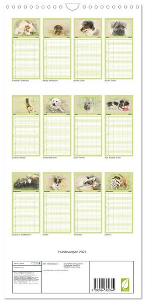 Produktbild: Familienplaner 2027 - Hundewelpen 2027 mit 5 Spalten (Wandkalender, 21 x 45 cm) CALVENDO