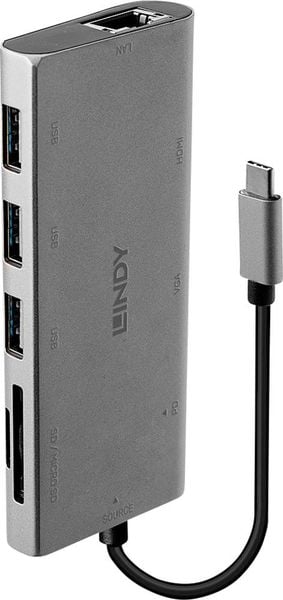 LINDY 43278 USB-C® Konverter [1x USB-C® Stecker - 3x USB 3.2 Gen 1 Buchse A (USB 3.0), VGA-Buchse, HDMI-Buchse, RJ45-Buc