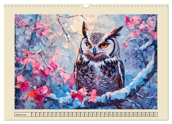 Produktbild: Bunte Eulenpoesie. Kunstvolle V&ouml;gel in &Ouml;lgem&auml;lde-Optik (Wandkalender 2026 DIN A3 quer), CALVENDO Monatskalender