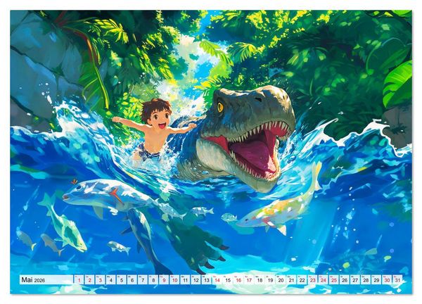Produktbild: Abenteuer mit Dinosauriern - Tolle Dino-Freunde f&uuml;r das Jahr (Wandkalender 2026 DIN A2 quer), CALVENDO Monatskalender